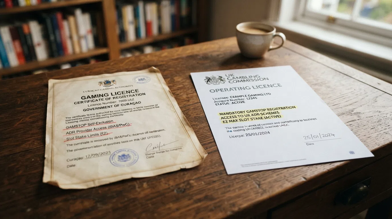 A visual comparison of two gambling licence documents side by side: a Curaçao Gaming Authority certificate and a UK Gambling Commission licence, with key protection features highlighted or struck through on each