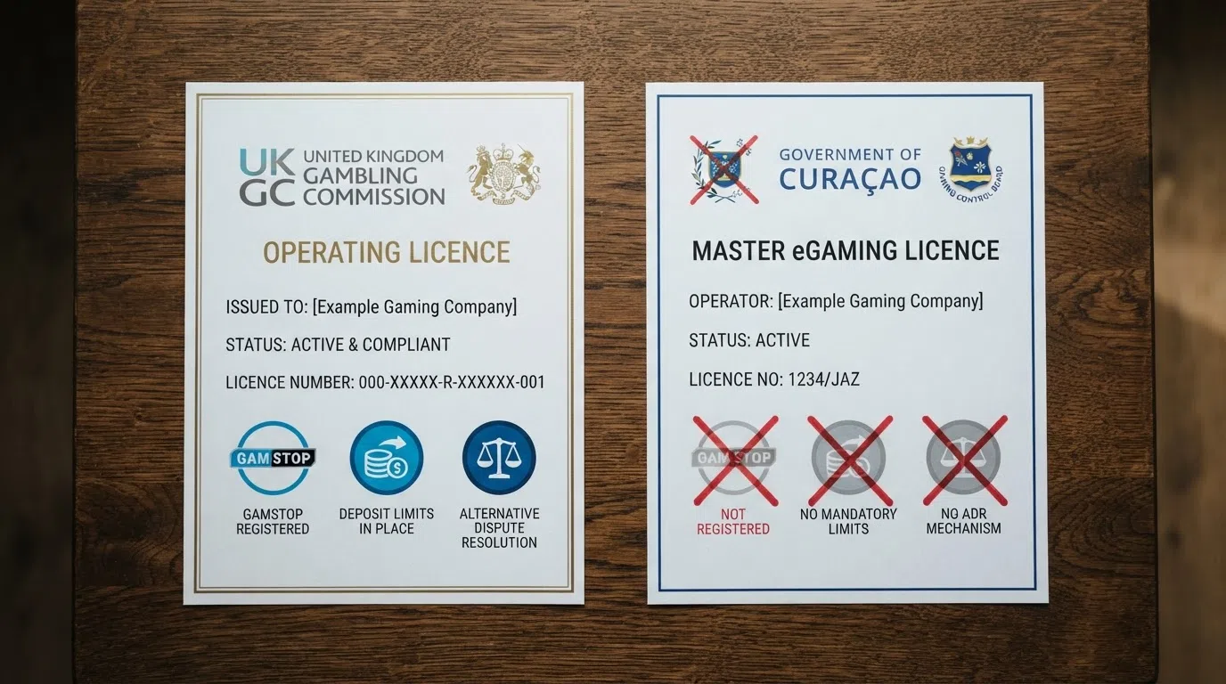 A split visual: on the left, a UKGC badge with icons for GAMSTOP, deposit limits, and ADR; on the right, a Curaçao licence document with those same icons greyed out and crossed through