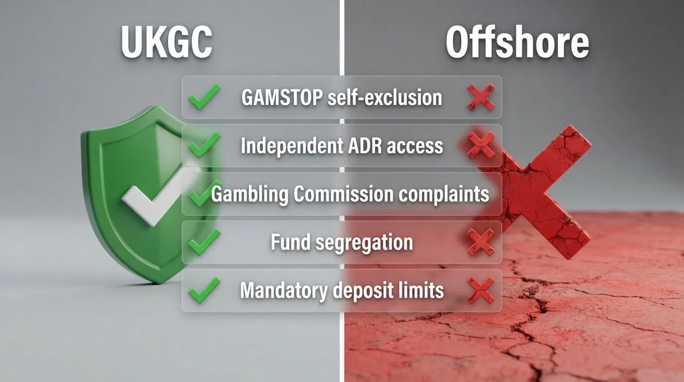 A side-by-side diagram listing five player protections — GAMSTOP self-exclusion, independent ADR access, Gambling Commission complaints, fund segregation and mandatory deposit limits — with a green tick under the UKGC column and a red cross under the offshore casino column