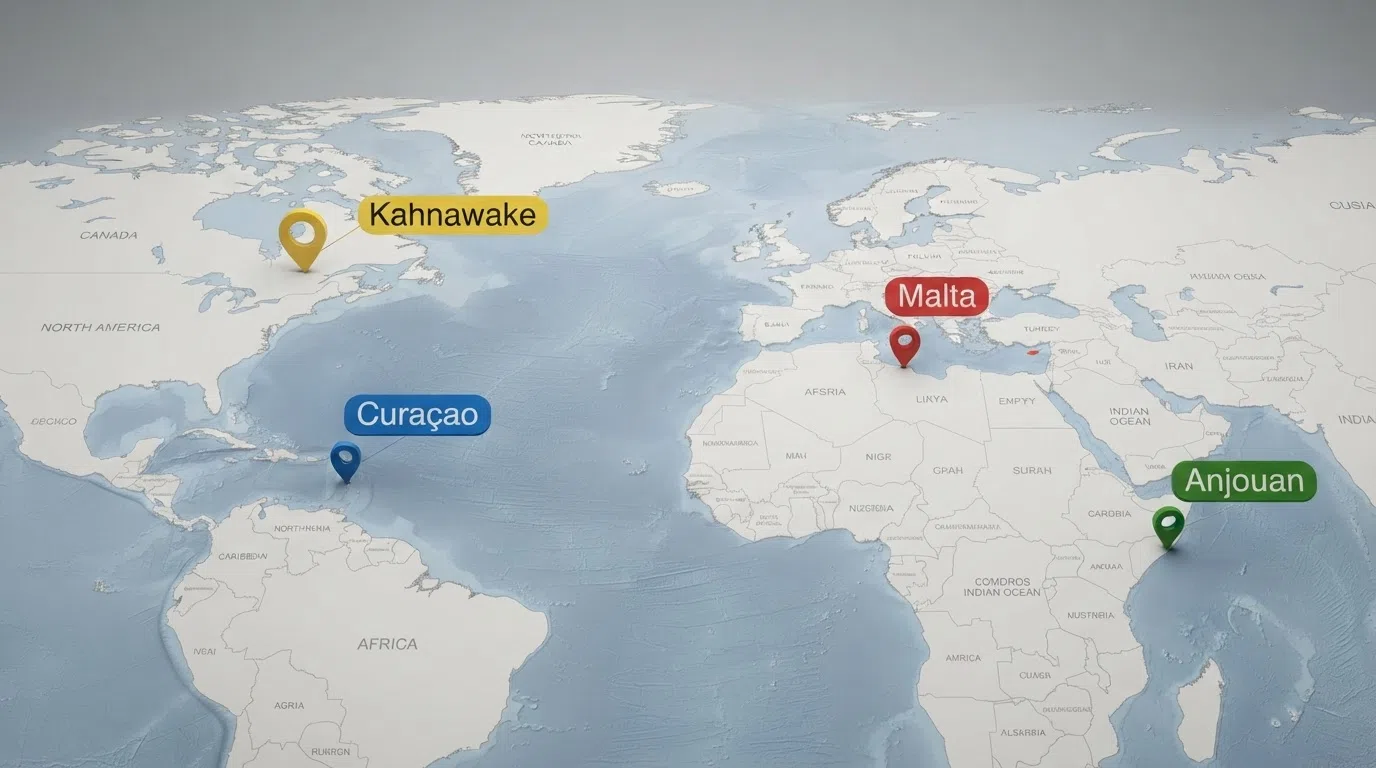 A world map with Curaçao, Malta, Anjouan and Kahnawake marked as casino-licensing jurisdictions