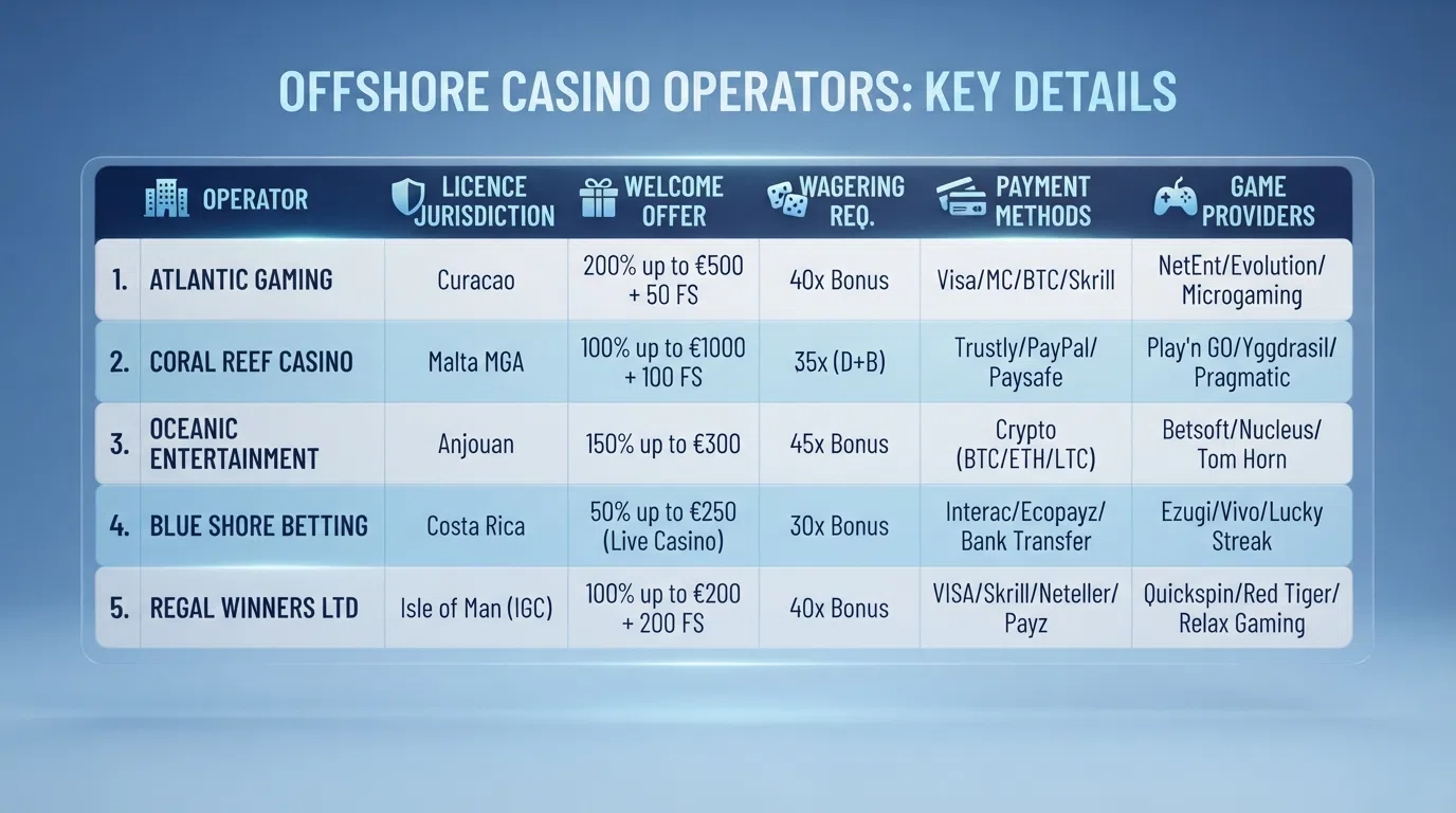 Comparison table listing ten offshore casino brands with licence, welcome bonus and wagering columns