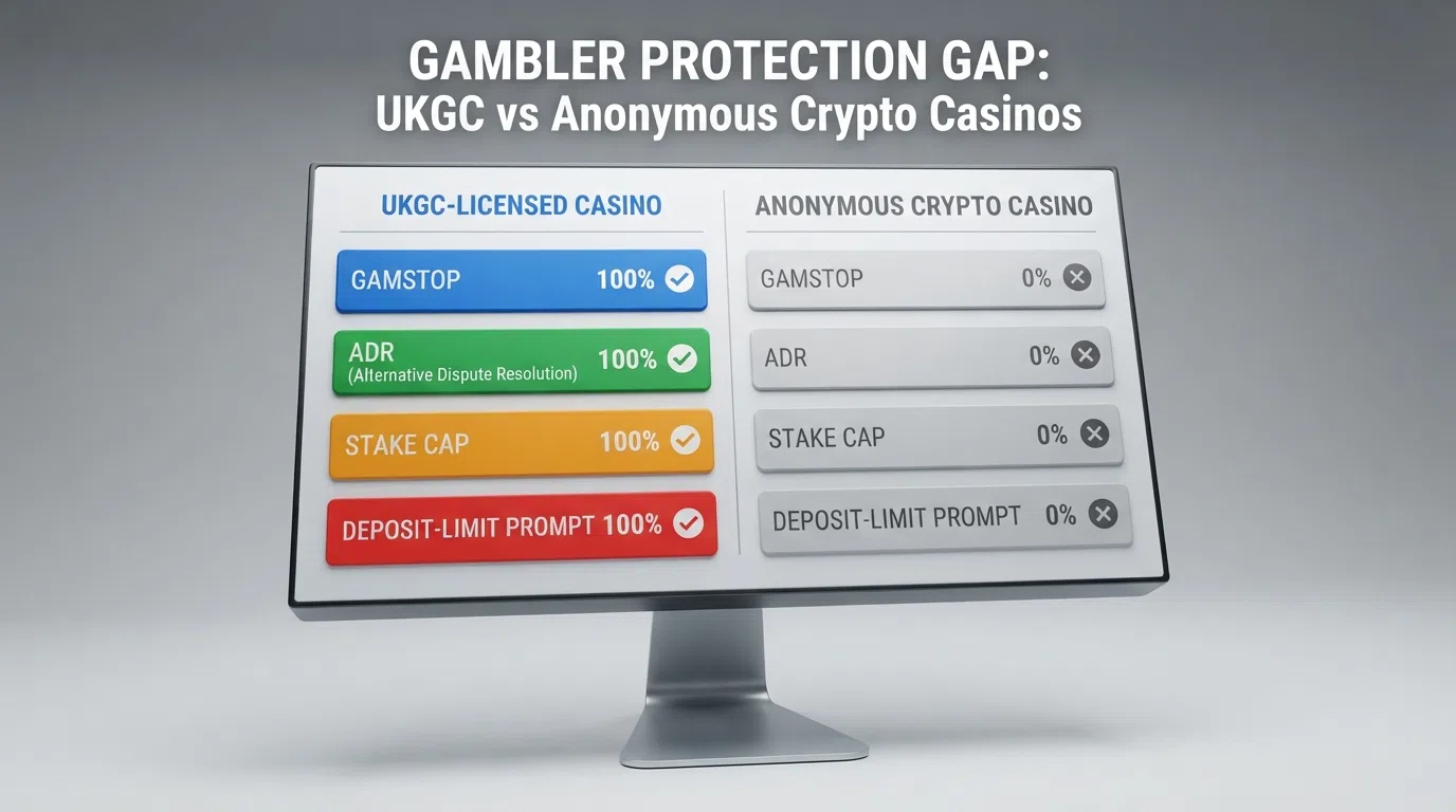 A side-by-side diagram listing the protections a UKGC-licensed casino provides (GAMSTOP, ADR, stake cap, wagering cap, deposit-limit prompt) against blank spaces or strikethroughs on the offshore side