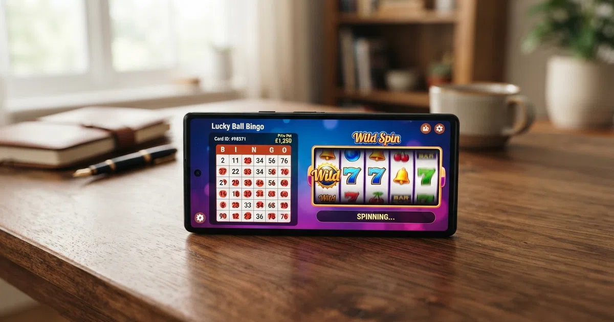 A laptop screen showing a bingo card beside a row of colourful slot reels