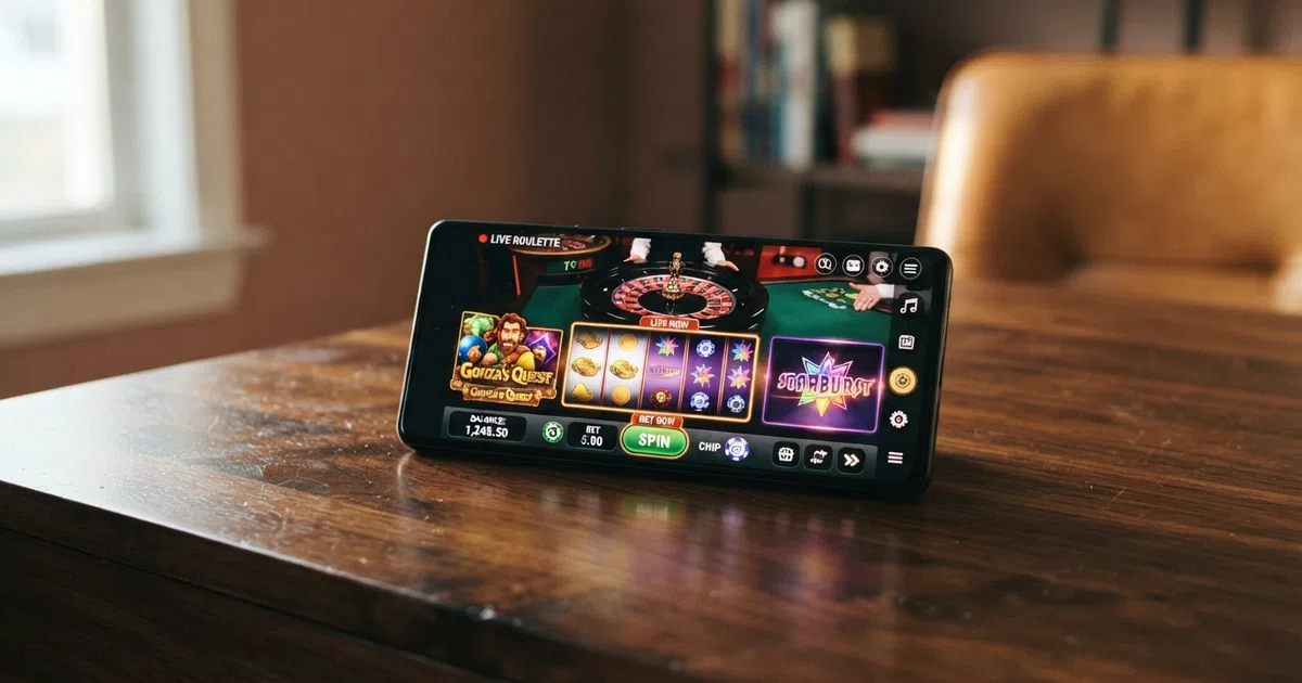 A casino game lobby with slot tiles shown on a phone screen and a desktop monitor