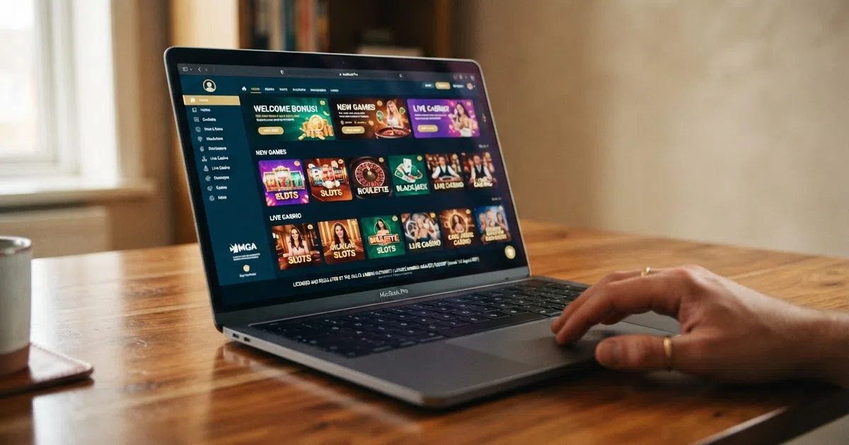 An online casino lobby on a laptop, with a Malta Gaming Authority licence reference on the page footer