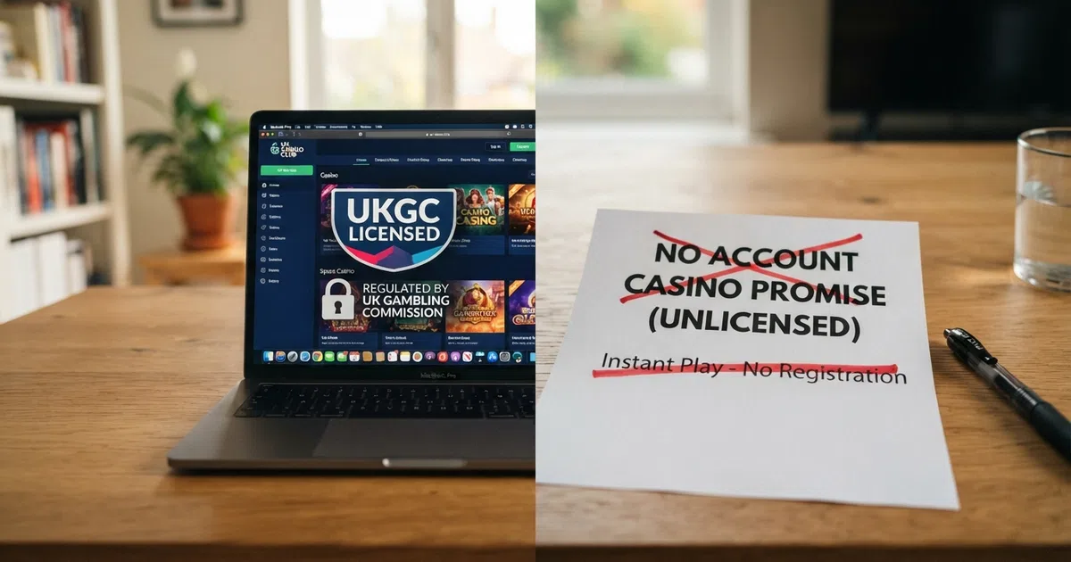 A split-screen illustration: one side shows a browser window with a padlock icon and a UKGC badge beside a casino lobby; the other side shows a crossed-out form with the words “no sign-up” struck through.