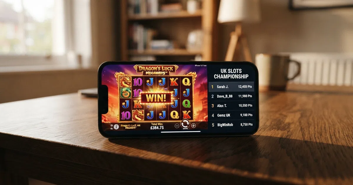 A UK online casino slot tournament screen showing a live leaderboard with player names and scores beside a spinning slot reel
