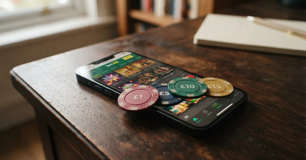 Four UK bank cards fanned across a smartphone screen showing a casino lobby, each card labelled with a different deposit amount — £1 £5 £10 £15