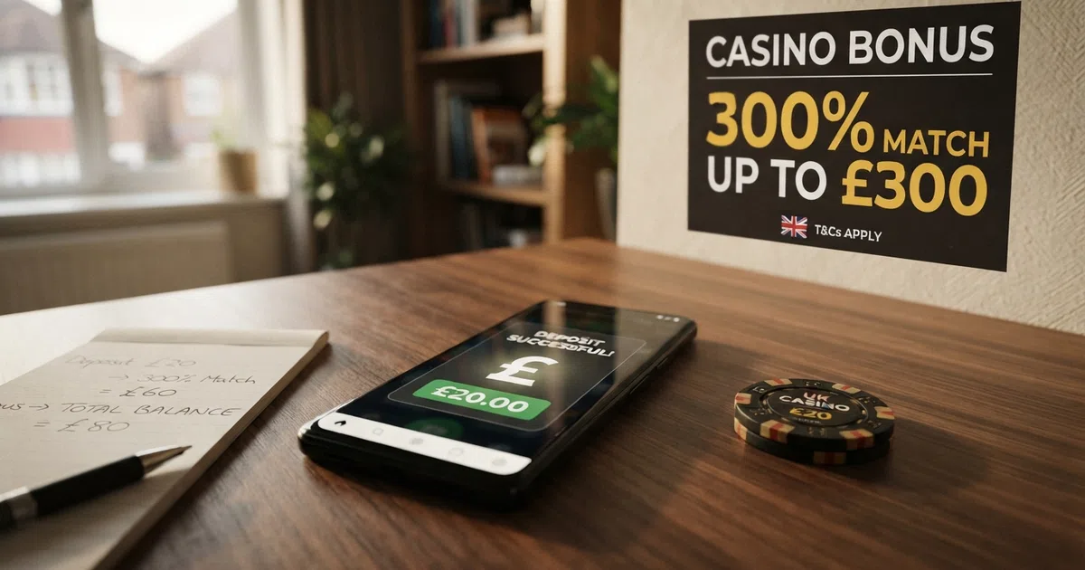 A calculator and a UK casino welcome-offer banner on a desktop screen, with the phrase “300% match” highlighted
