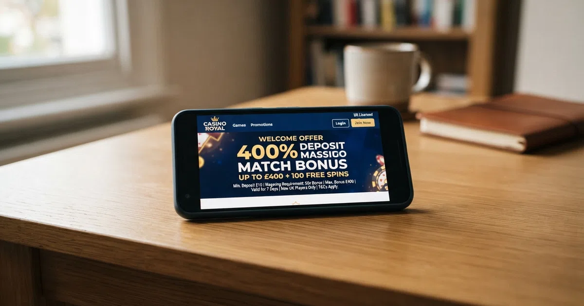 A UK online casino welcome screen displaying a 400% deposit match bonus offer with the key terms — wagering requirement, minimum deposit and validity period — visible beneath the headline figure