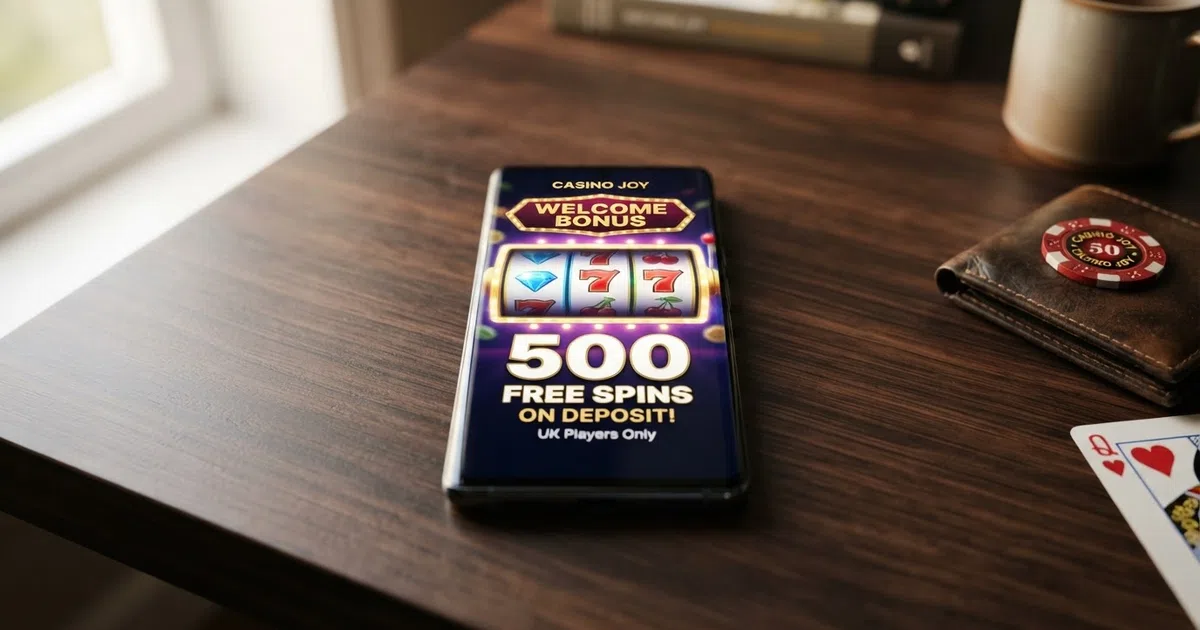 A smartphone showing an online casino welcome offer with free spins and wagering terms