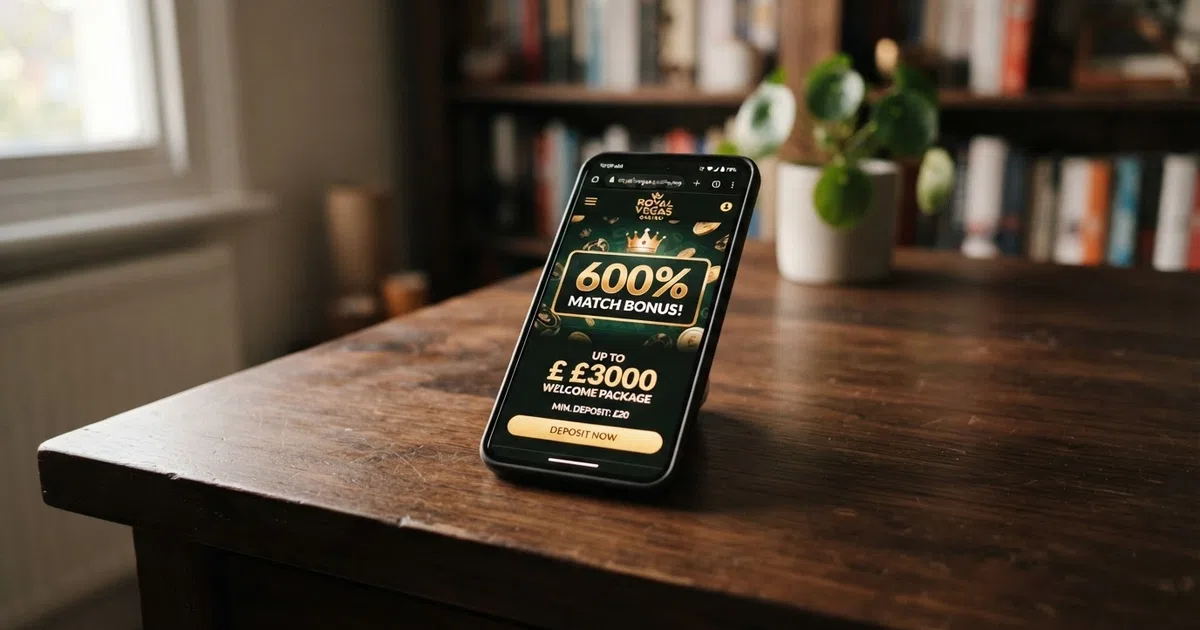 A smartphone screen showing a casino bonus offer page with a highlighted percentage match banner, a deposit amount field and UK licence information visible at the footer