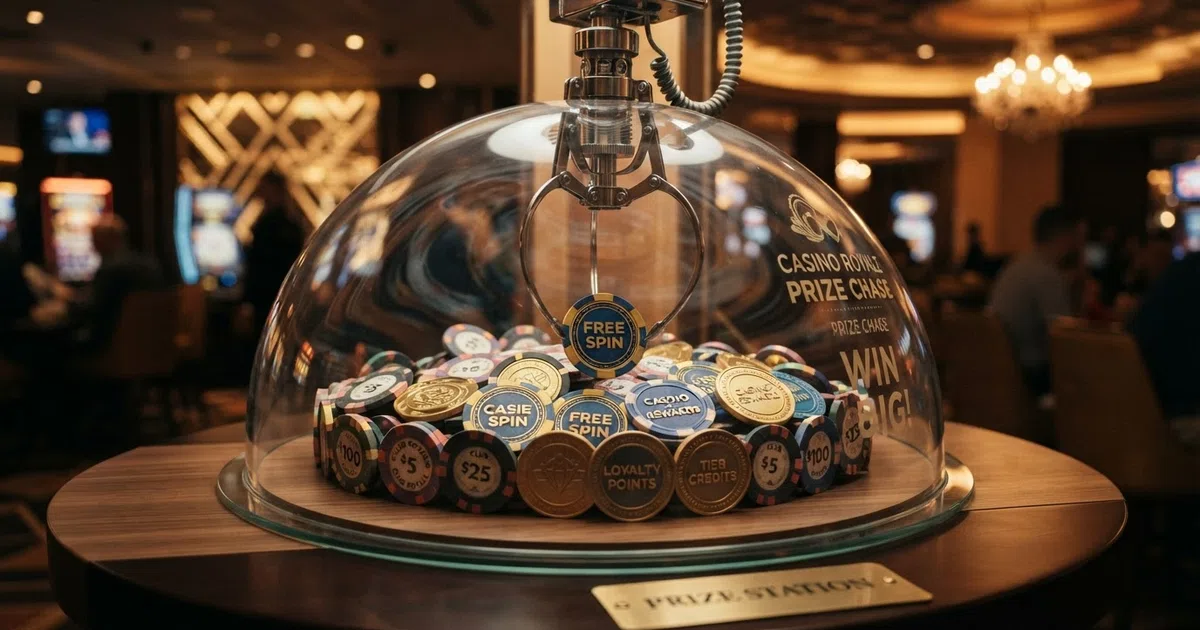 A virtual claw-machine interface with Bonus Crab prizes suspended inside a transparent dome, a mechanical claw positioned above one of the prizes