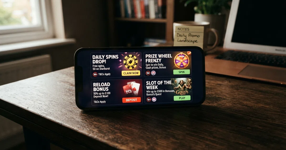 A grid of promotional banners from UK-licensed online casinos showing daily free-spin drops, prize wheels and reload offers, overlaid on a smartphone screen