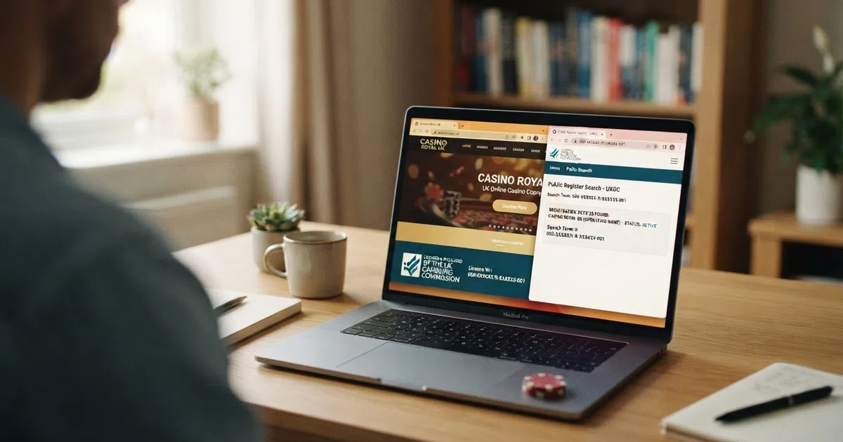 A laptop screen showing a UK online casino homepage with the UK Gambling Commission licence badge and account number clearly visible in the footer, alongside a separate browser tab open to the UKGC public register search page