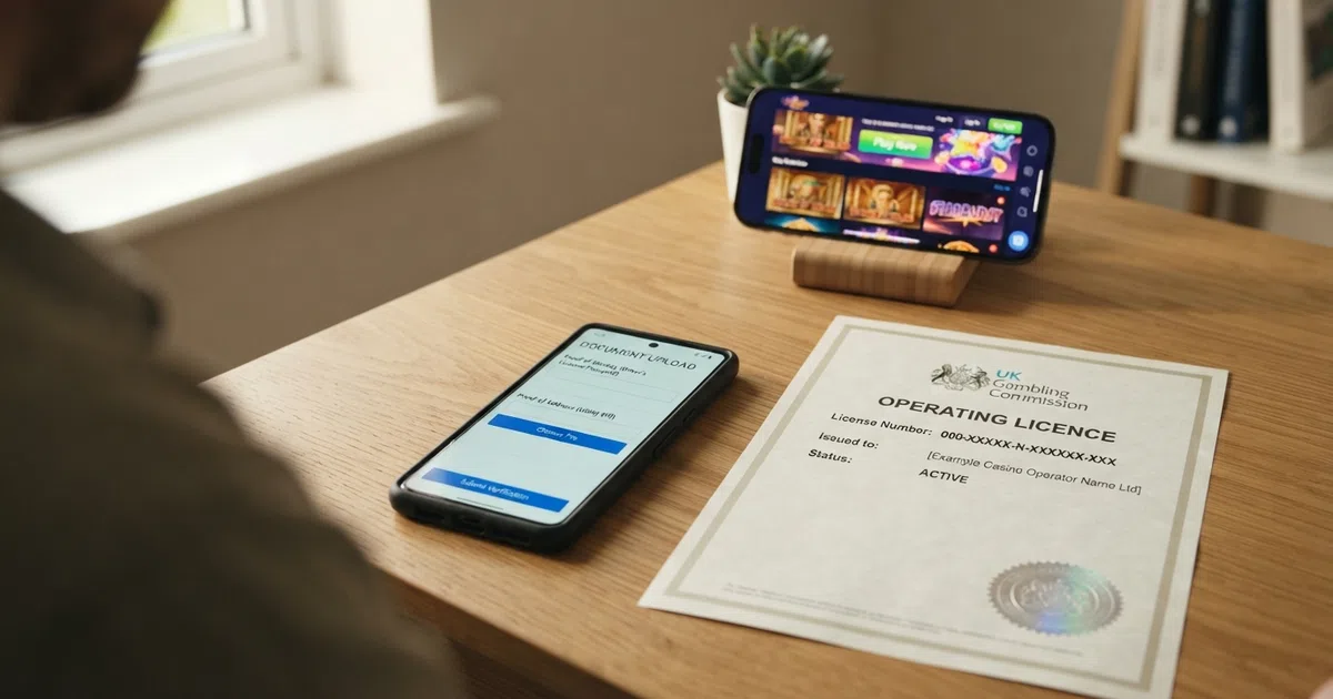A smartphone displaying a document-upload prompt beside a UKGC registration certificate, with a second screen showing a casino lobby and a “Play Now” button