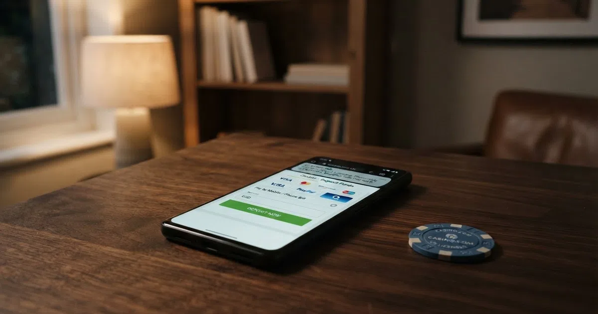 A smartphone screen displaying a UK online casino cashier page with “Pay by Mobile” or “Pay by Phone Bill” selected as the deposit method, alongside a pending SMS confirmation notification on the same screen.