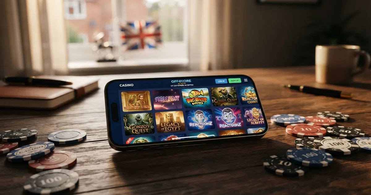 A grid of colourful online slot game icons and casino chips arranged on a dark background with a subtle Union Jack reflection