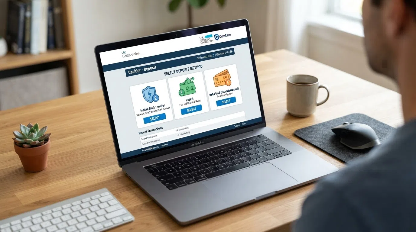 A casino cashier page listing Trustly, PayPal, Apple Pay and debit card as deposit options