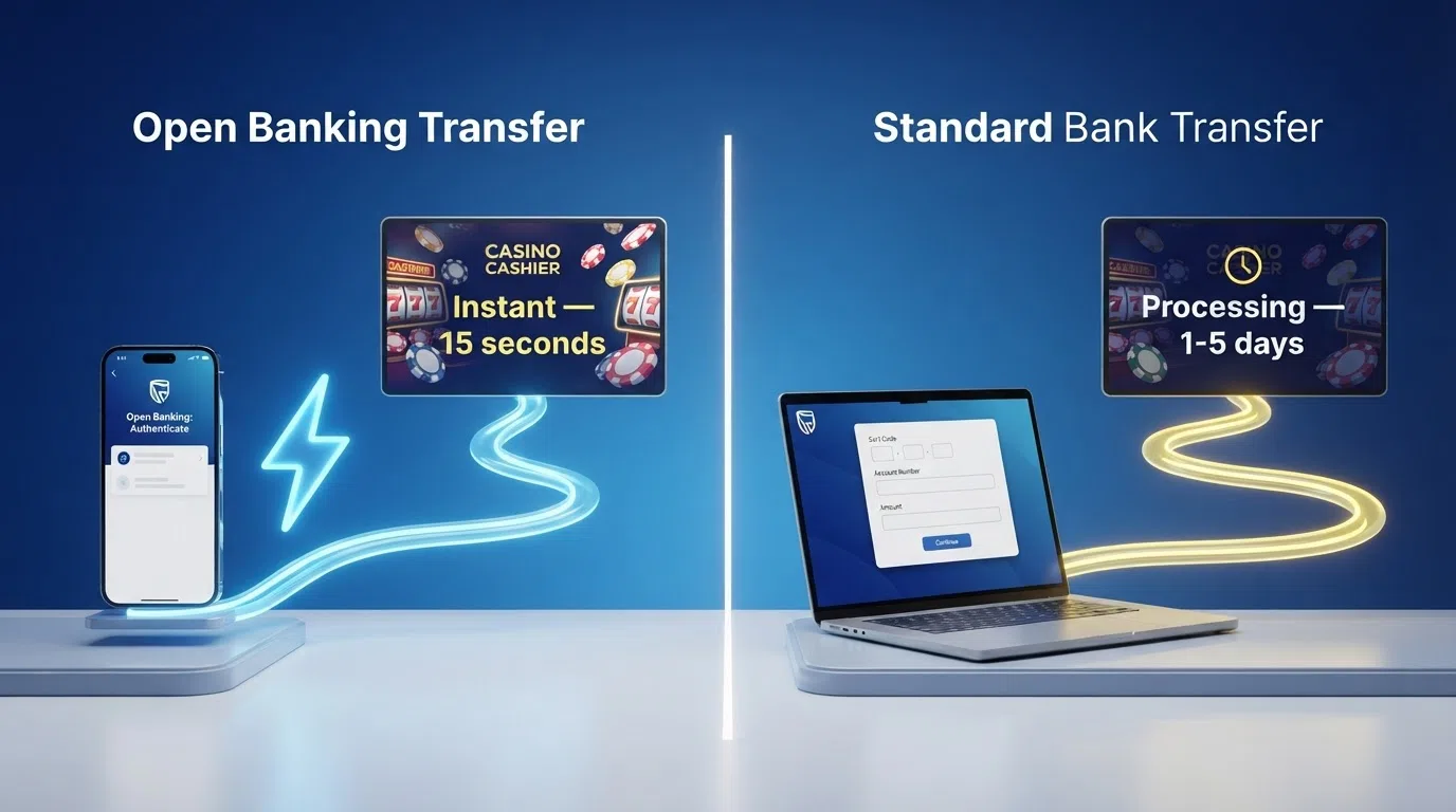 A side-by-side flow diagram contrasting an instant Open Banking transfer measured in seconds with a standard bank transfer passing through a casino processing queue measured in days