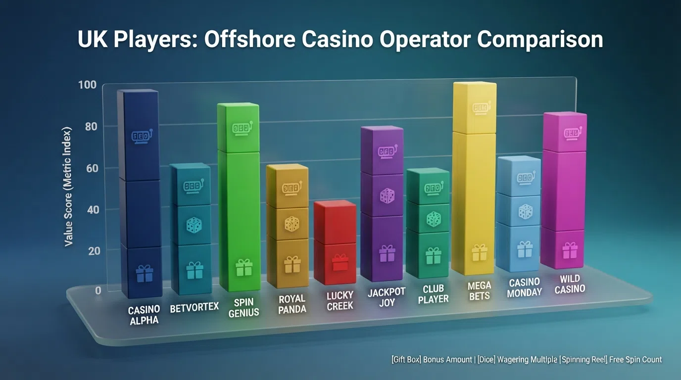 A visual summary of the comparison data — operator names beside colour-coded bars for bonus amount, wagering multiple and free-spin count
