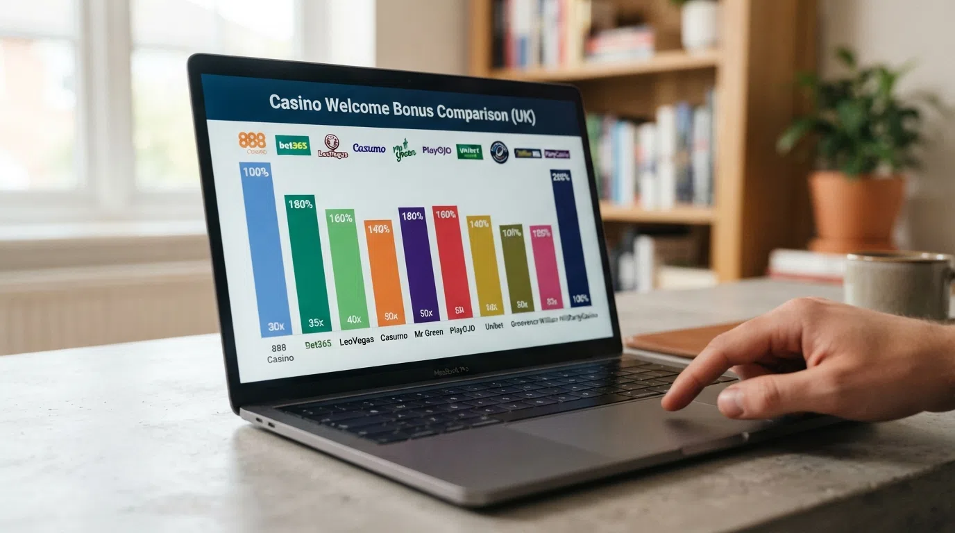 A side-by-side comparison visual showing welcome-bonus percentage bars for ten casino brands, with wagering-multiple callouts below each bar