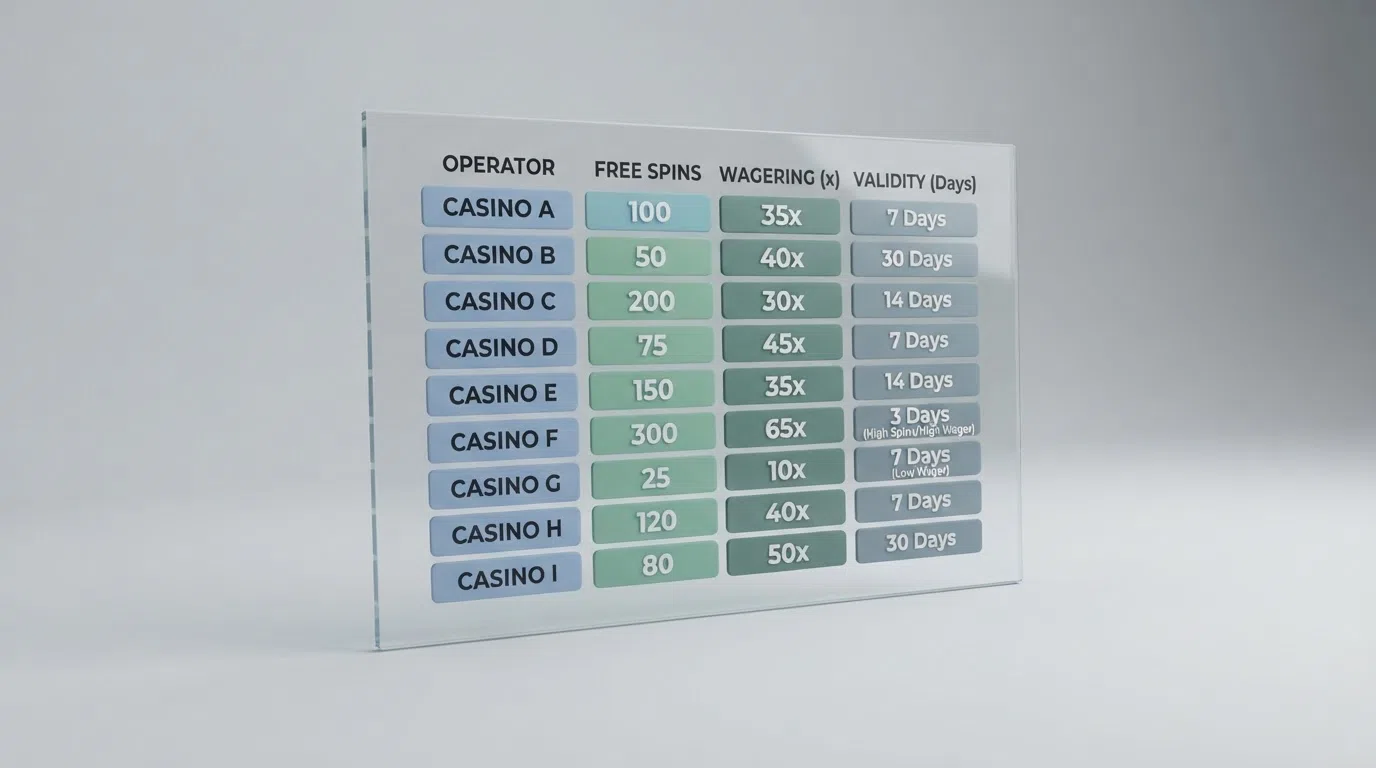 A side-by-side arrangement of welcome-offer terms from the featured operators, highlighting free-spin counts and wagering figures