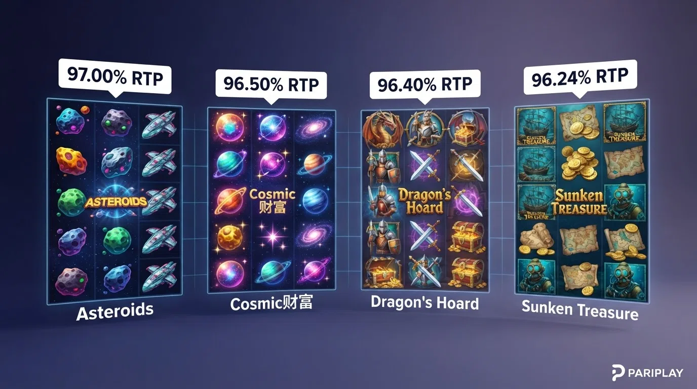 A visual comparison of four Pariplay slot reels side by side — Asteroids, Jackpot Fortunes, Faith and Grand Loot — with their RTP percentages overlaid as bold callouts
