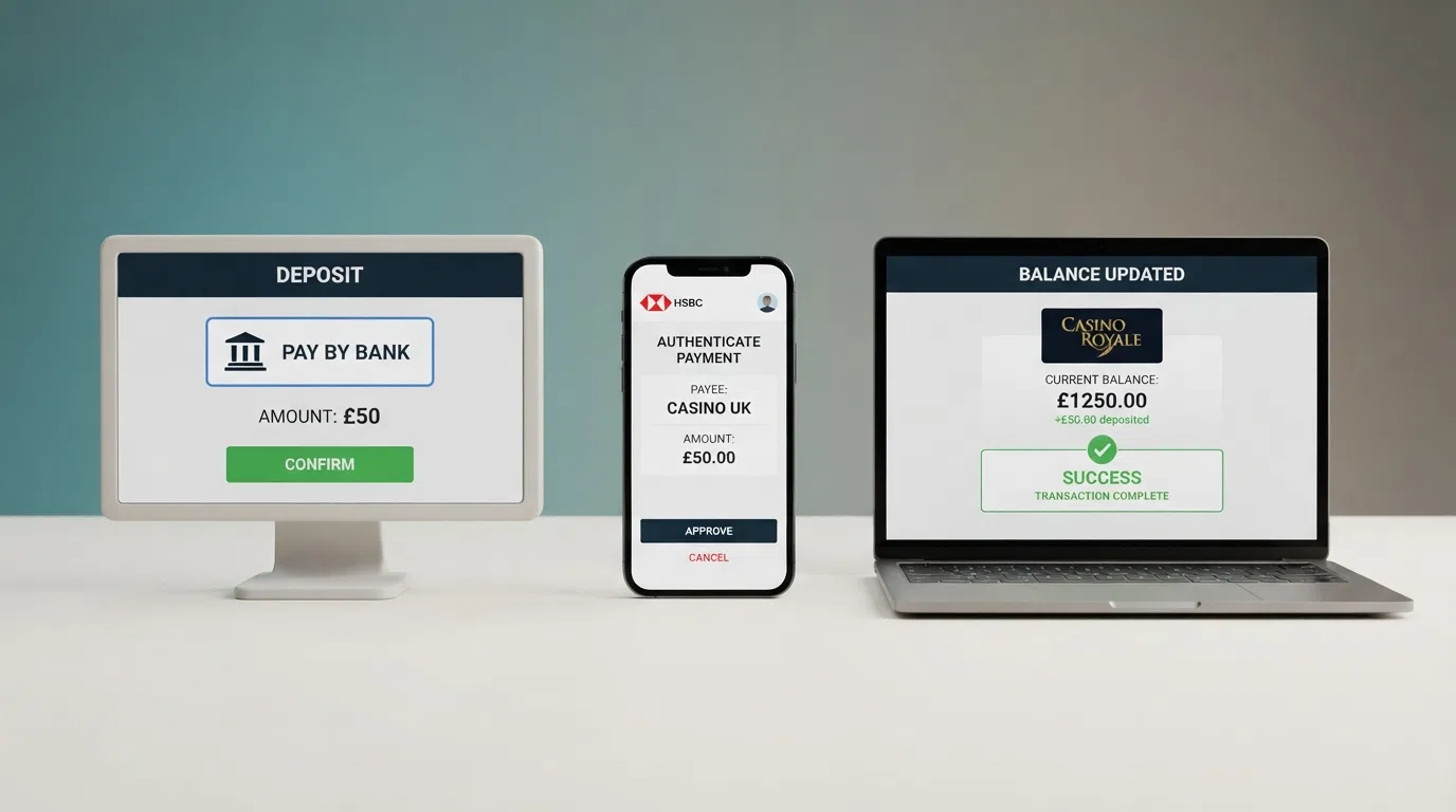 A simplified three-step diagram showing the Pay by Bank deposit journey: casino cashier → bank app authentication → confirmed balance in the casino account
