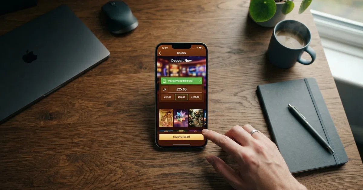 A smartphone screen showing a casino deposit page with “Pay by Phone” selected as the payment method, next to a casino lobby with slot thumbnails visible in the background