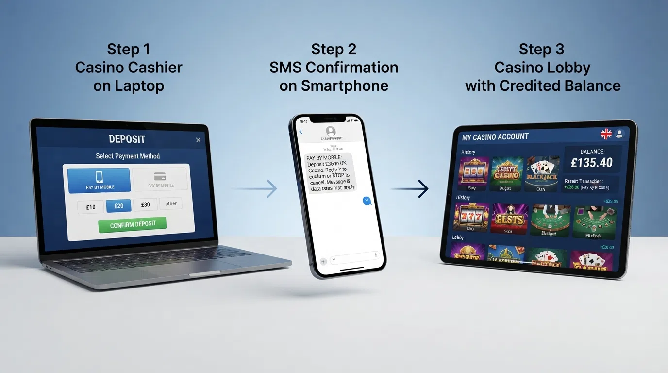 A three-step visual diagram: casino cashier with Payforit selected, SMS confirmation on a phone screen, and a casino lobby with credited balance