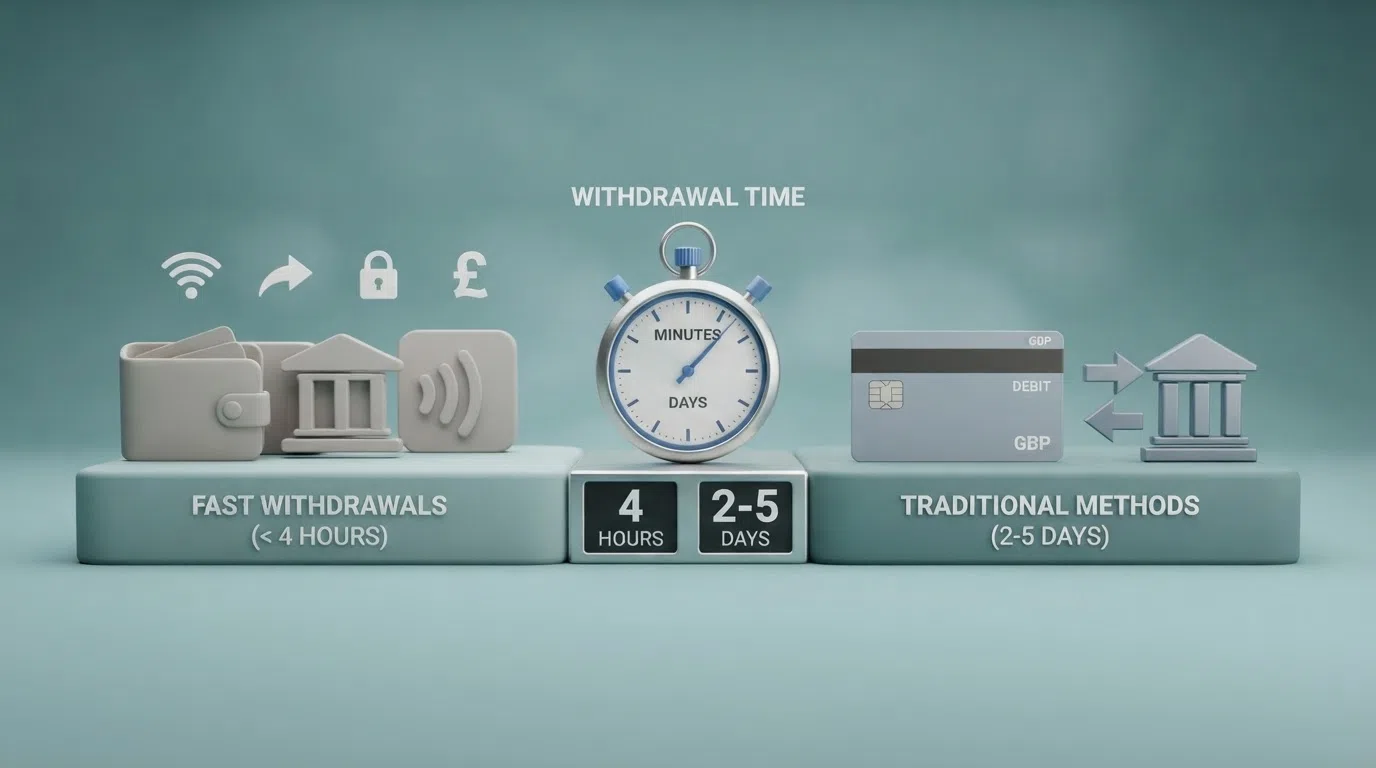 Six payment-method icons arranged in two speed tiers — PayPal, Skrill, Trustly and Open Banking on the left under “minutes to hours,” and debit card and bank transfer on the right under “hours to days” — with a stopwatch graphic between them