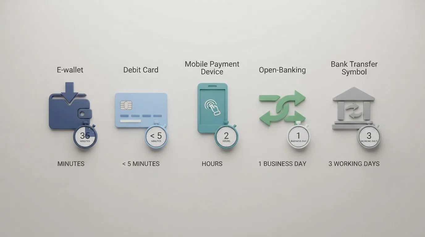 A horizontal comparison visual showing five payment-method icons — PayPal, Visa, bank transfer, Apple Pay and Trustly — each with a stopwatch beneath it displaying a tested withdrawal time in minutes or hours, arranged fastest to slowest from left to right.