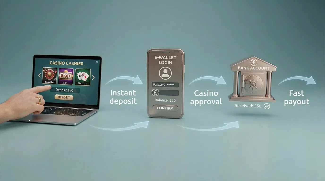 A step-by-step diagram showing the PayPal casino deposit and withdrawal flow: player → casino cashier → PayPal login → bank account, with arrows and estimated processing times at each stage.