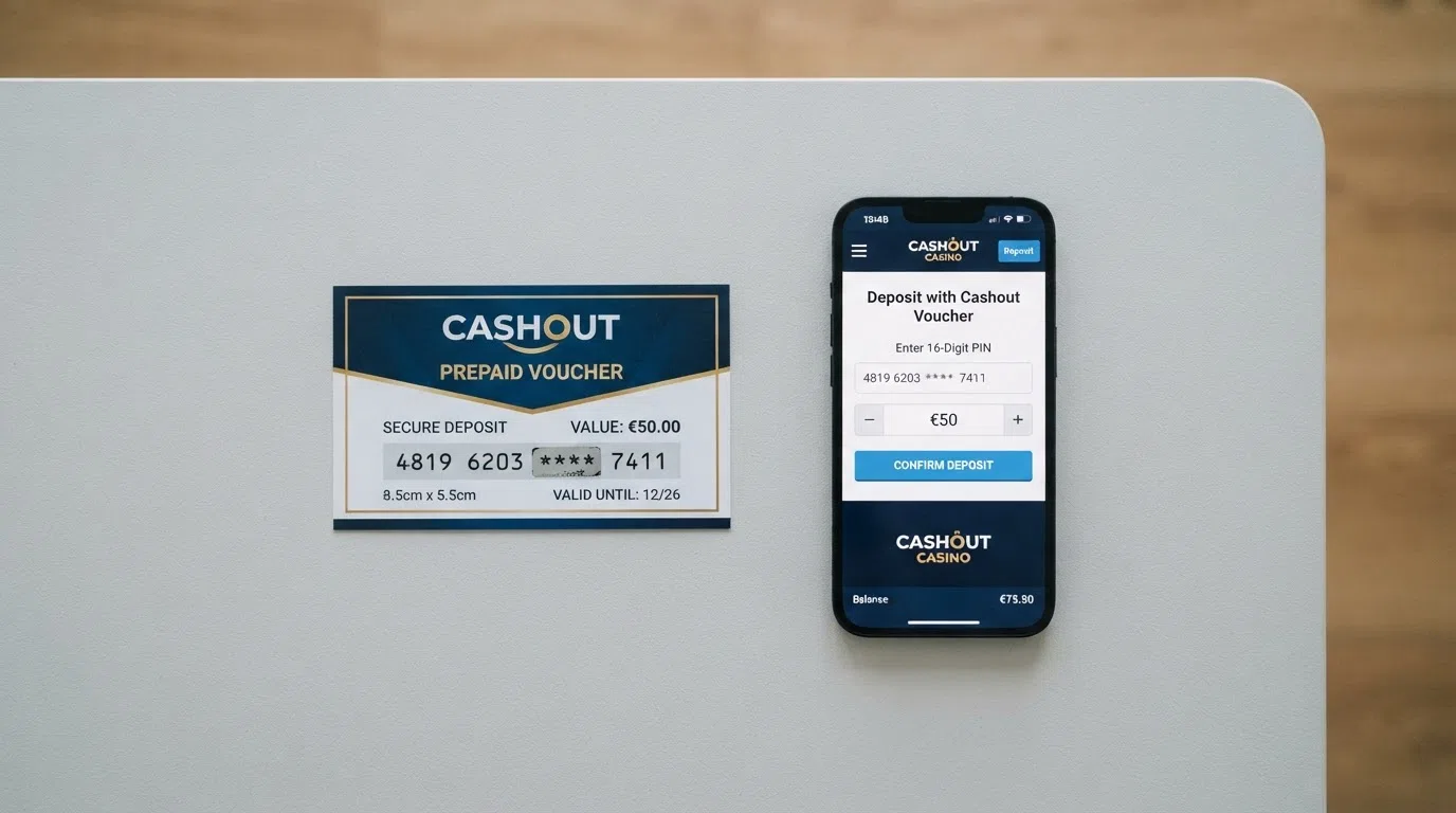 A Paysafecard voucher with its 16-digit PIN code beside a smartphone displaying a casino deposit screen
