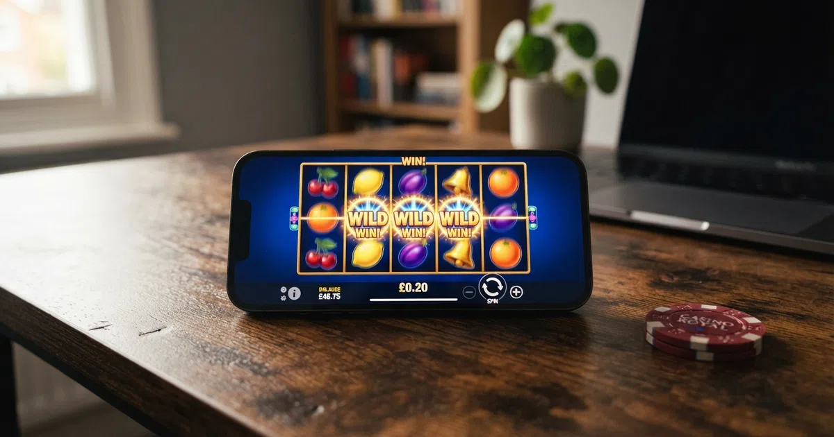A smartphone screen showing a colourful online slot game with fruit symbols, a visible payline indicator and a total-bet display reading £0.20