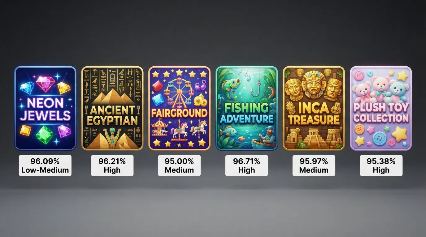 A side-by-side grid of six popular penny slot title cards with their RTP percentages and volatility ratings displayed beneath each one