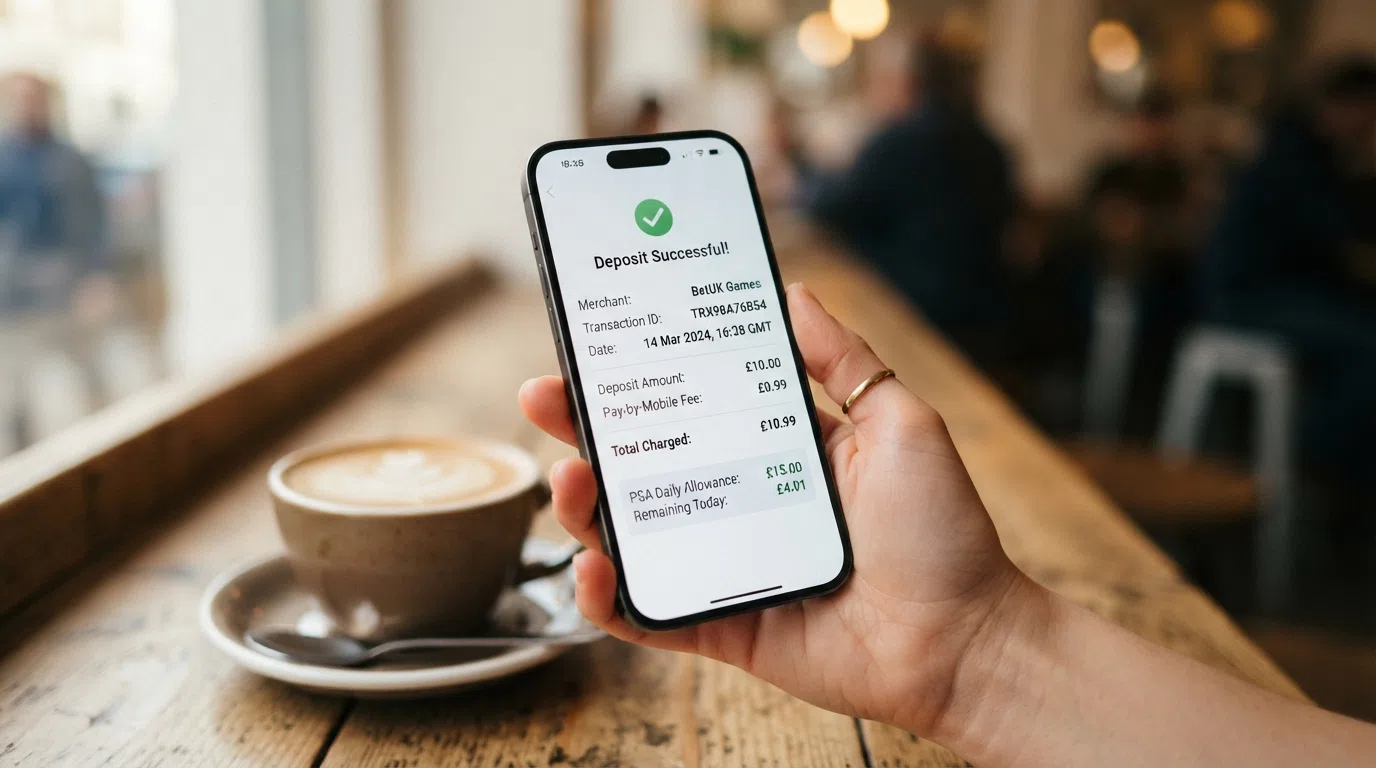 A UK mobile phone screen showing a deposit confirmation with the transaction amount, a fee breakdown line item, and the PSA daily remaining allowance displayed beneath