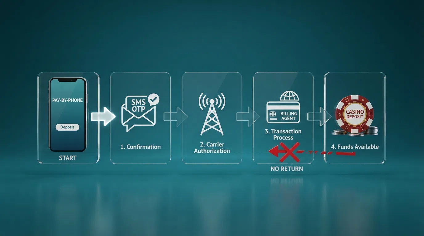 A diagram showing the one-way flow of a pay-by-phone deposit: phone → SMS confirmation → carrier → billing intermediary (Boku) → casino account, with a crossed-out return arrow labelled “no withdrawal route”