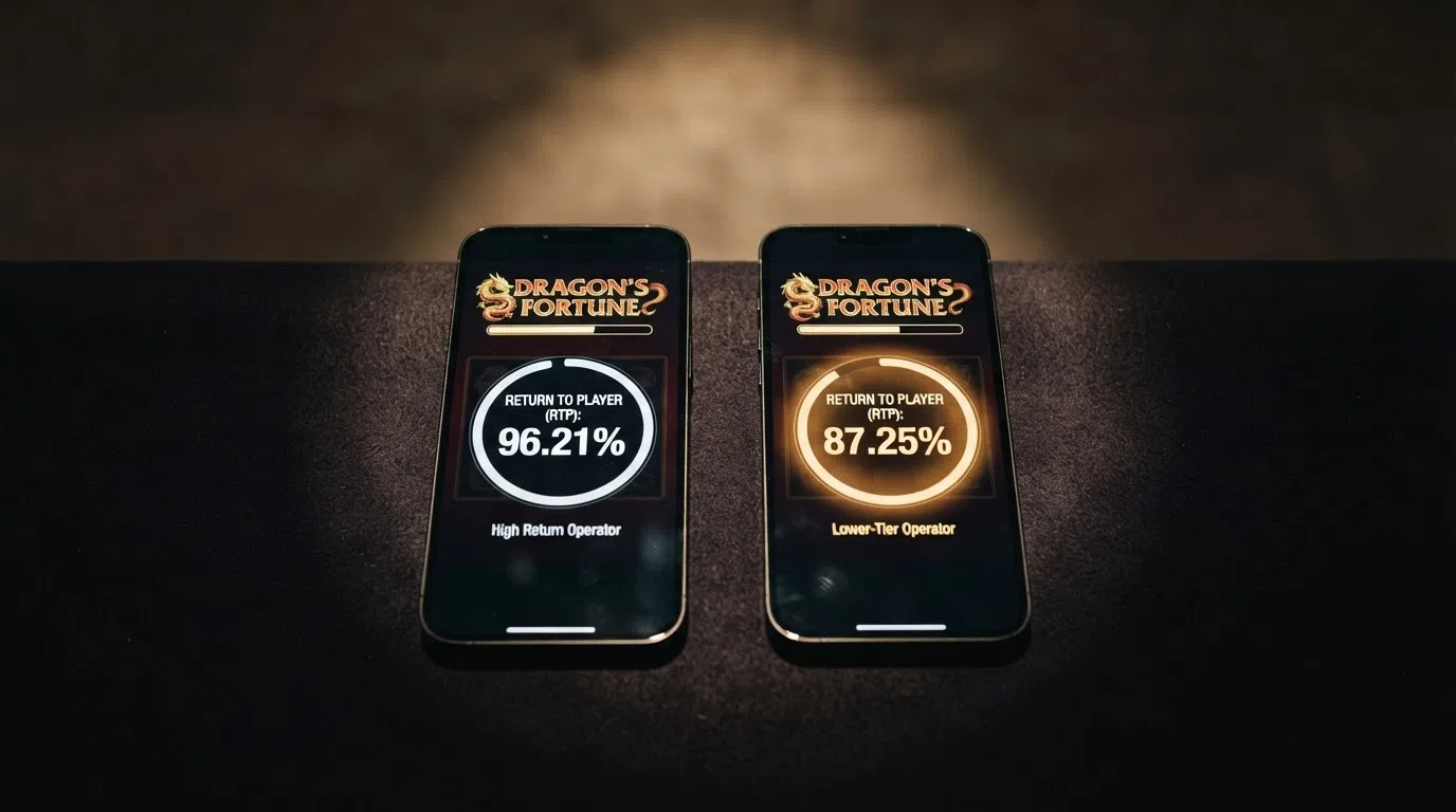 A split-screen comparison graphic: on the left, the Book of Dead loading screen showing “RTP 96.21%” at a Tier-1 operator; on the right, the same title at a lower-tier operator showing a reduced RTP, with the percentage gap highlighted