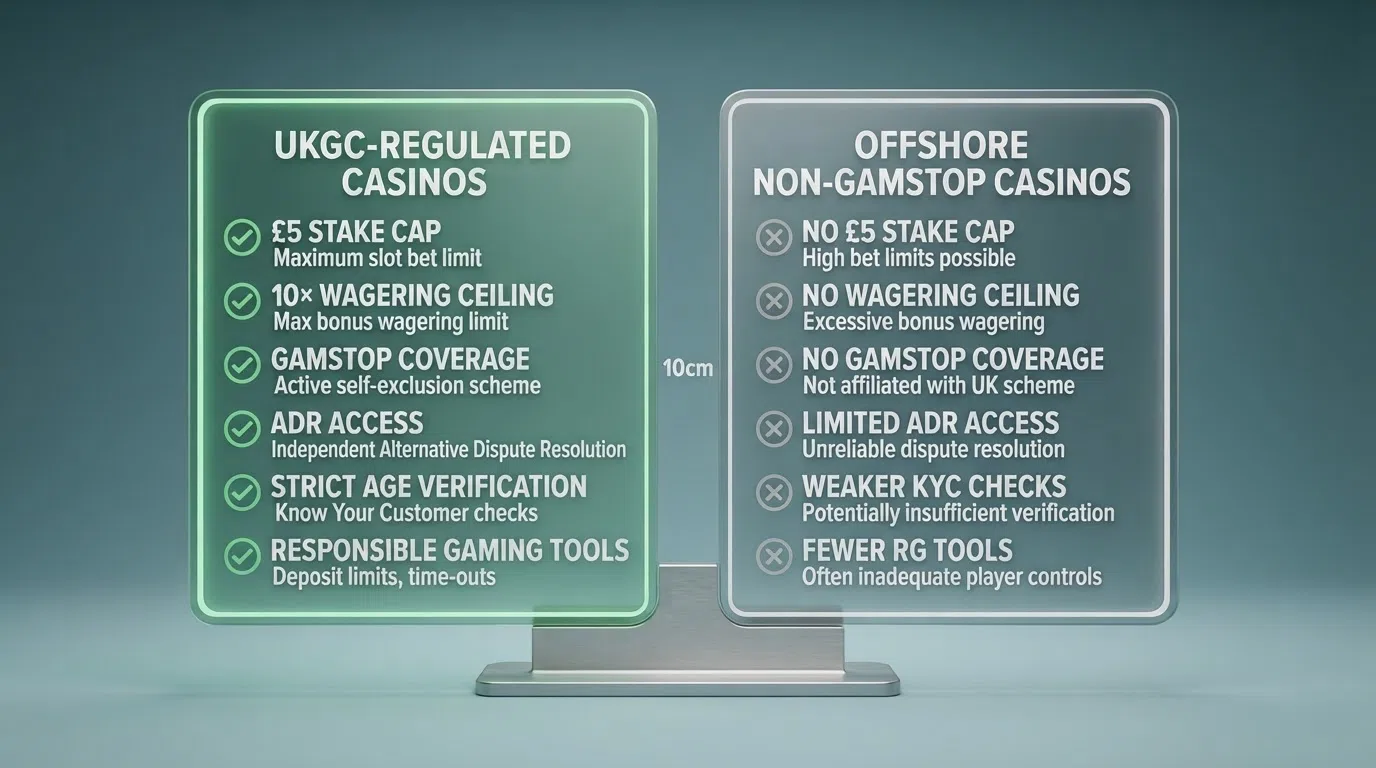A split‑panel diagram showing UKGC player protections listed on the left in a green column and offshore casino features on the right in a grey column, with a visible gap between them