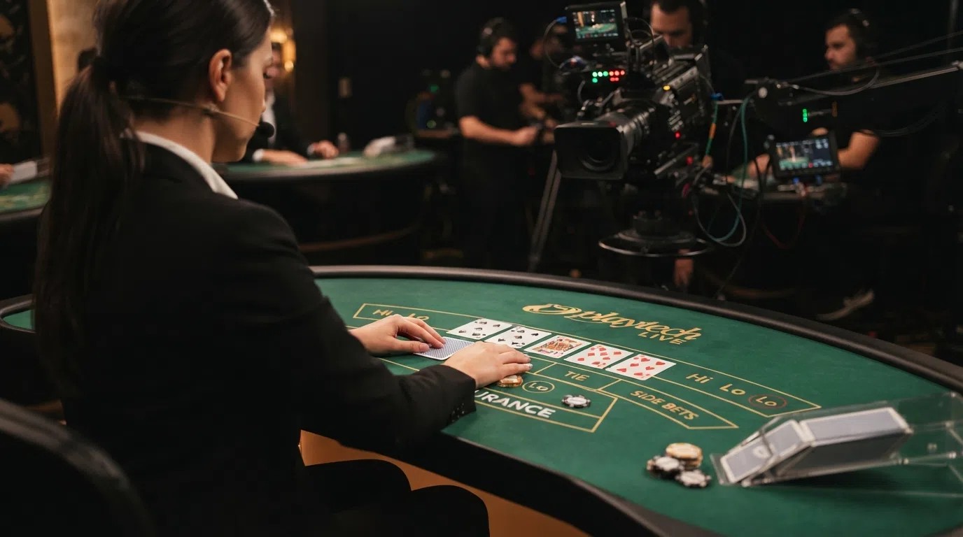 A Playtech-branded live dealer studio with a professionally trained croupier seated at a hi lo table, cards arranged face-down on green felt, HD camera rig visible