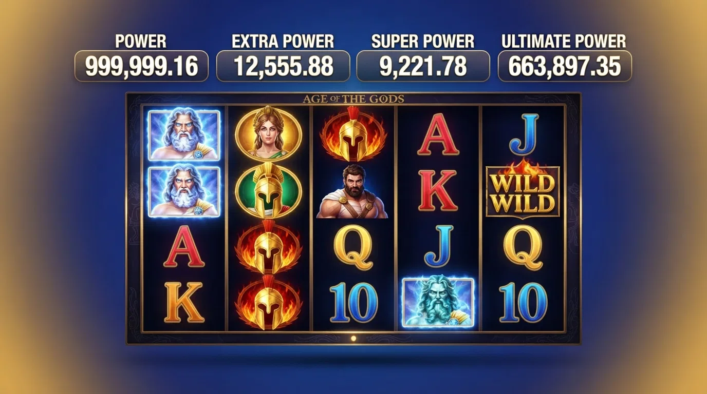 The Age of the Gods slot reels with four progressive jackpot values shown above the reels