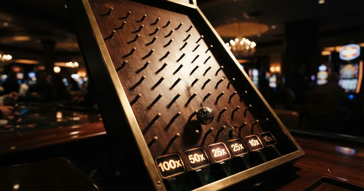 A Plinko ball bouncing through a peg board toward multiplier slots at the bottom, with the board lit against a dark casino-style background