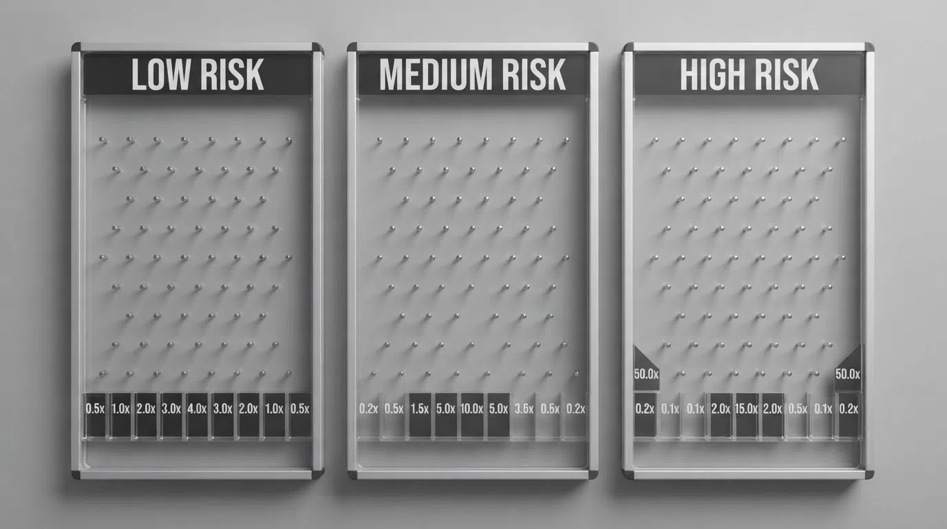 Three Plinko boards side by side at different risk levels, showing the multiplier distribution shifting from narrow (Low) to extreme (High) at the outer slots