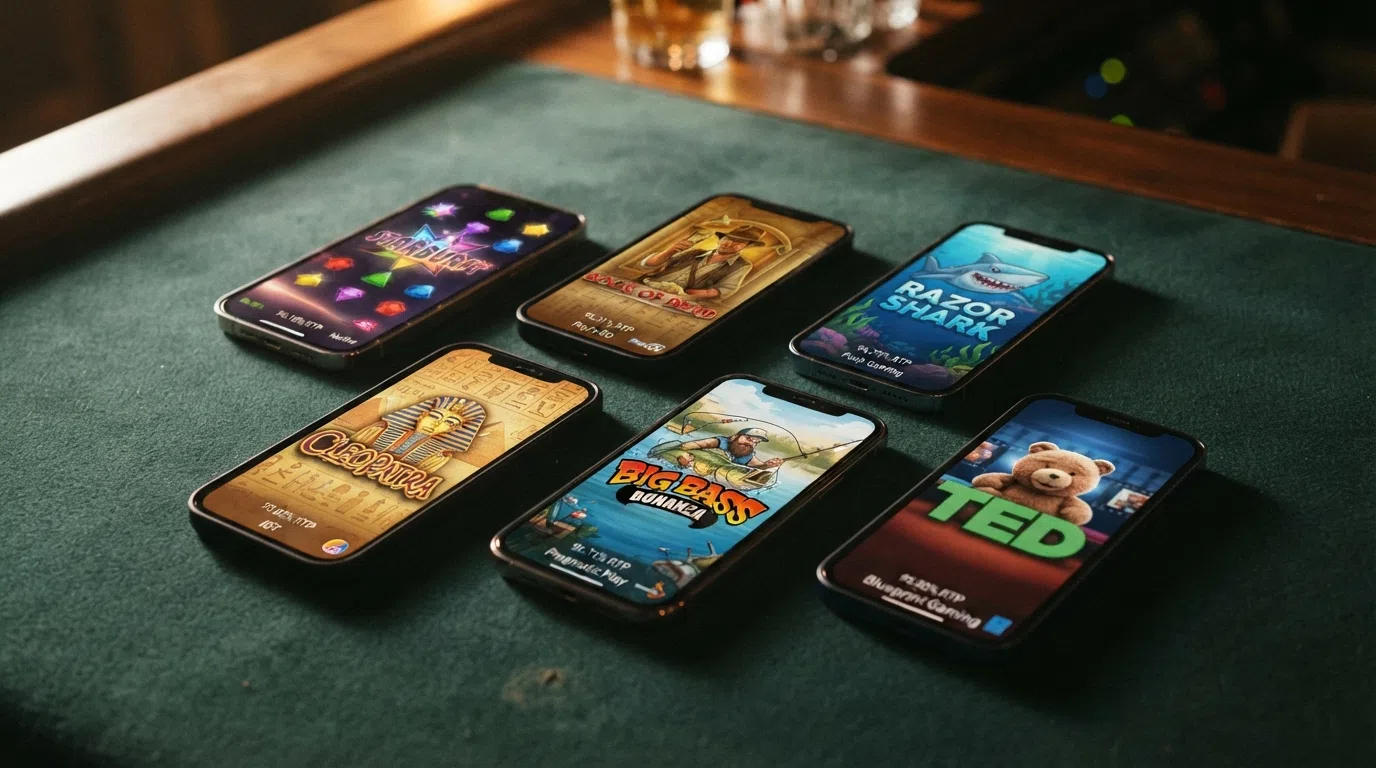 A montage of six slot-game title screens arranged in a grid — Starburst Book of Dead Big Bass Bonanza Eye of Horus Fishin' Frenzy and Fluffy Favourites — each with its RTP percentage displayed in a corner badge