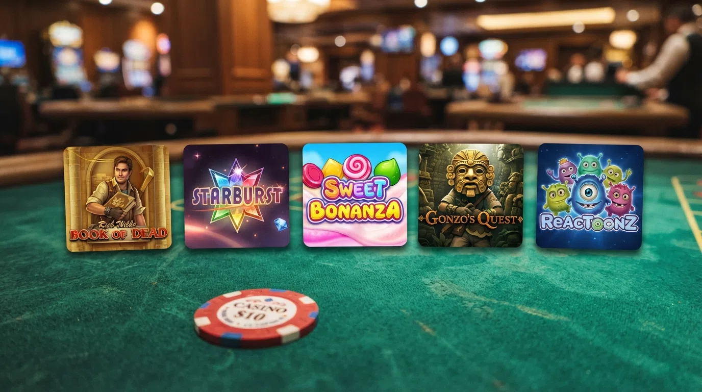 Starburst, Big Bass Bonanza, Gates of Olympus, Bonanza Megaways and Fluffy Favourites slot game logos arranged in a horizontal row against a casino‑felt green background