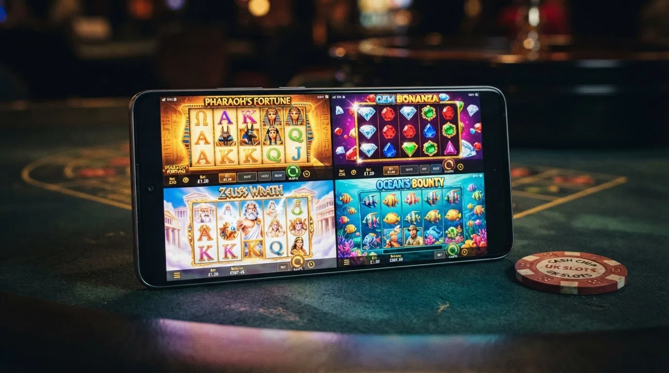Four slot-title cards — Book of Dead, Starburst, Gates of Olympus and Big Bass Bonanza — each showing its RTP percentage, volatility label and maximum win multiplier