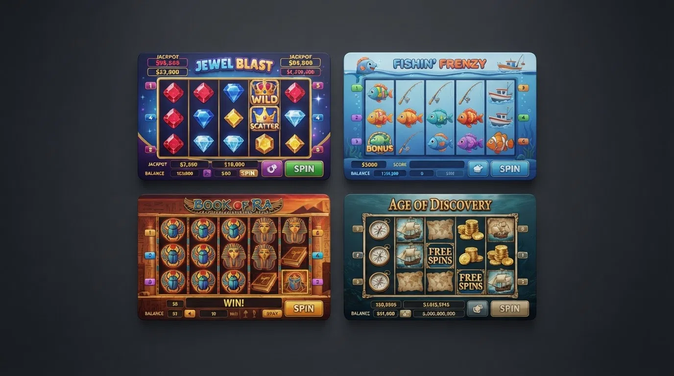 A grid of four slot-title cards — Starburst, Big Bass Bonanza, Book of Dead and Fishin' Frenzy — each showing its distinct reel grid, colour palette and theme artwork