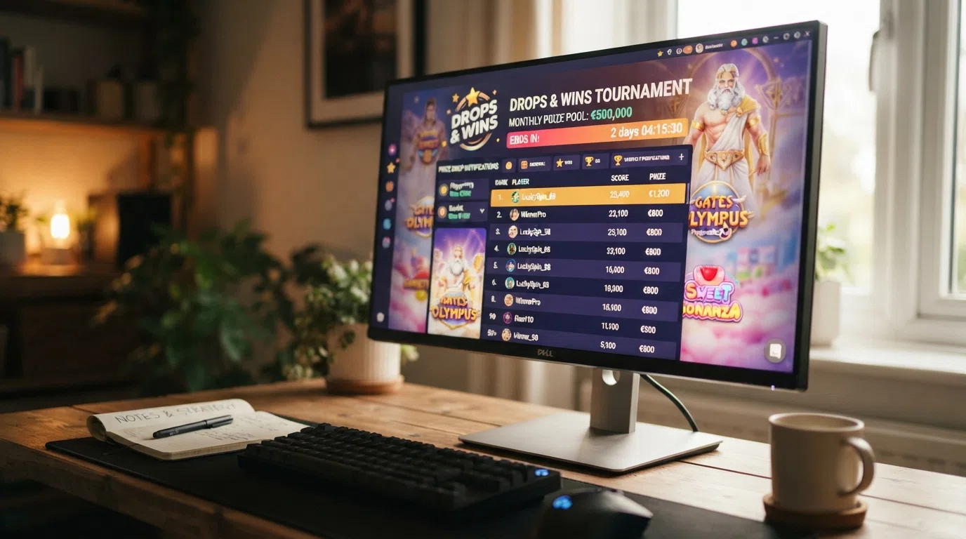 A Pragmatic Play Drops & Wins tournament leaderboard displayed on a desktop browser, with prize-drop notifications and a countdown timer visible